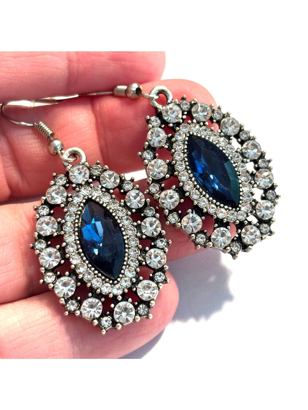Dressy pierced earrings clear crystals & blue rhinestones silver drop dangles